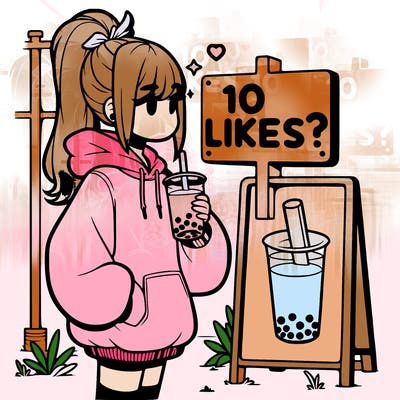girl with oversized hoodie drinking boba and she has a high ponytail with a sign that says 10likes?