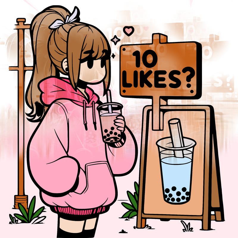 girl with oversized hoodie drinking boba and she has a high ponytail with a sign that says 10likes?