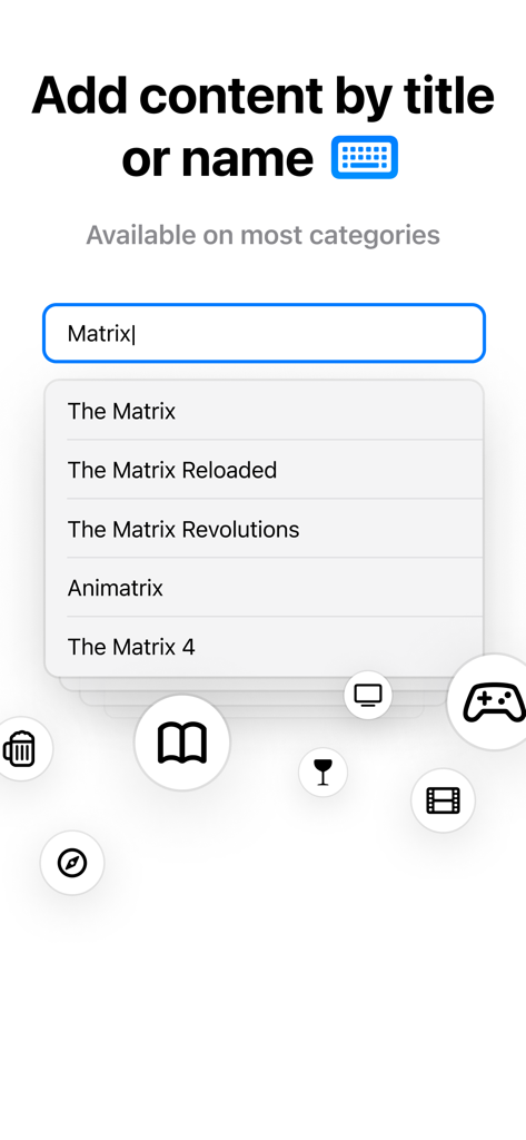 The Listy app search interface for adding movies by title with category icons.