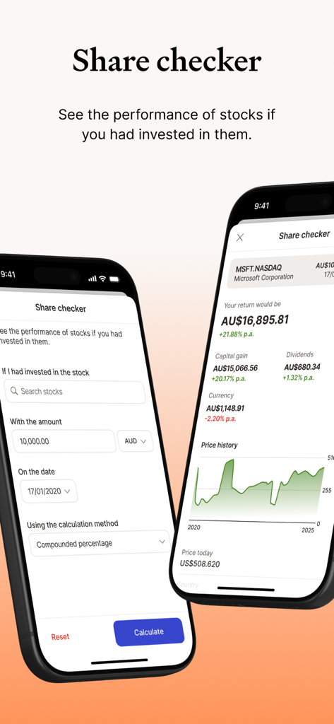 L'outil Share Checker de l'application Sharesight montrant les rendements d'investissement simulés et les données de performance pour l'action Microsoft