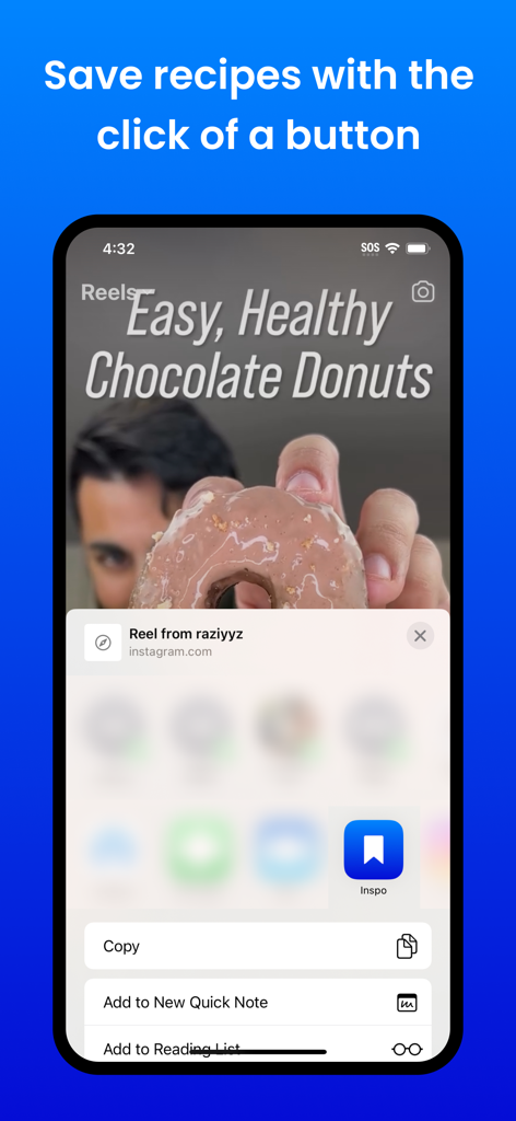 Inspo - AI Recipe Keeper - Saving a recipe from an Instagram Reel to the Inspo app using the iOS Share Sheet