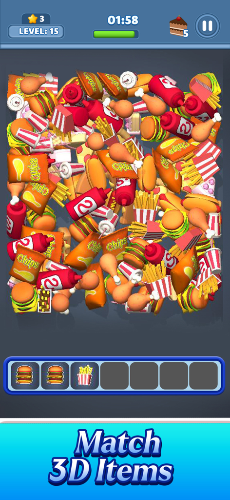 Triple match 3D food items gameplay screen