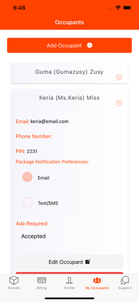 A screen in the Parcel Pending mobile app showing how to manage and add occupants in a residence including notification preferences and PIN settings