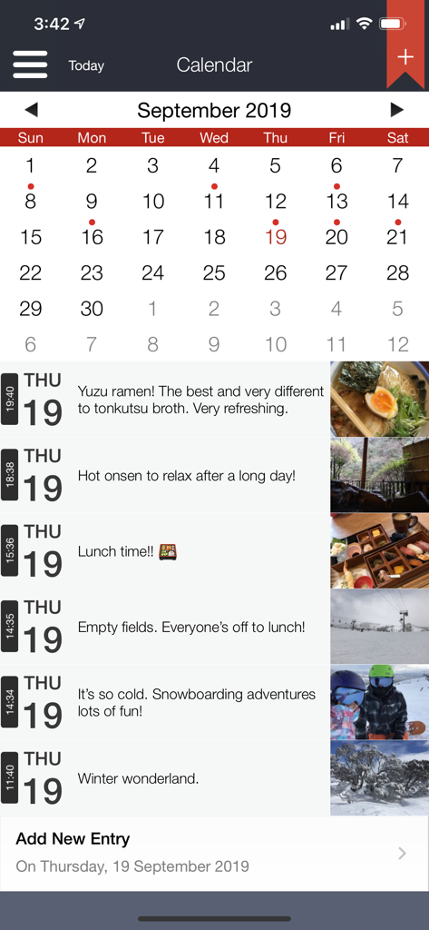 Capture 365 Journal - Capture 365 Journal app showing a calendar view and a daily timeline of entries with photos and descriptions.