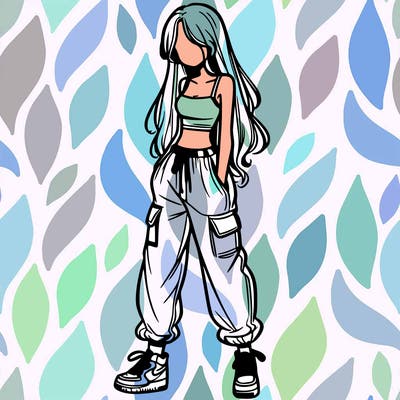 girl in baggy pants crop top and long hair