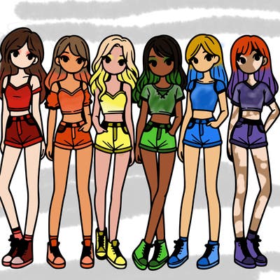 a group of girls wearing crop tops and shorts