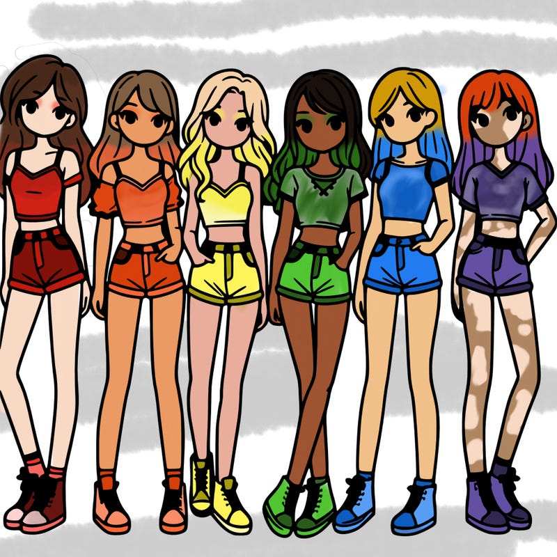 a group of girls wearing crop tops and shorts