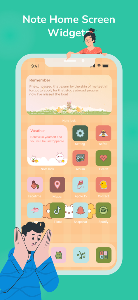 Color Note: Lock Notes Widget - iPhone home screen with customized note widgets and aesthetic app icons.