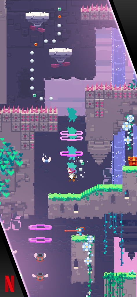 Lucky Luna - A vertical gameplay screen of Lucky Luna showing the character falling through pink rings in a pixel art dungeon.