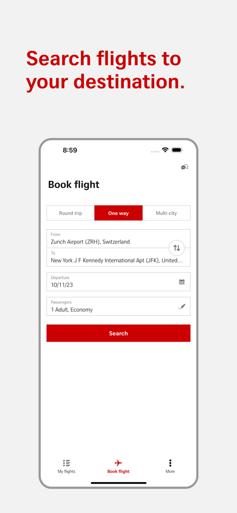 SWISS Mobile-App-Flugbuchungsoberfläche für die Suche nach internationalen Flügen von Zürich nach New York.