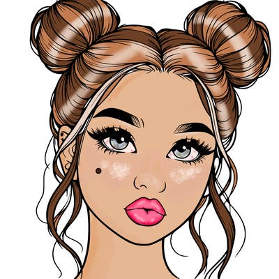 realistic girl with two buns on her hair and lips