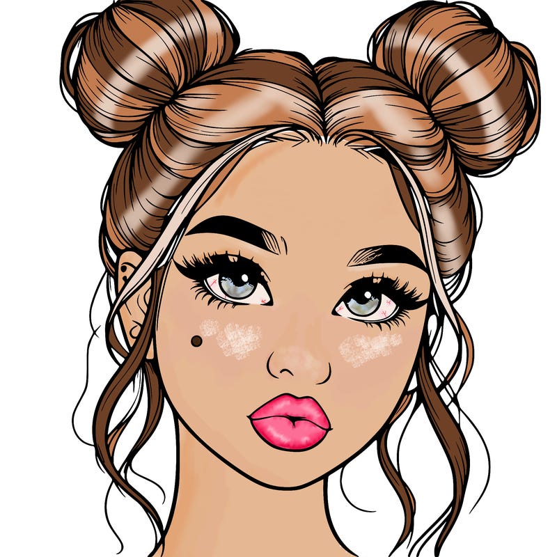 realistic girl with two buns on her hair and lips