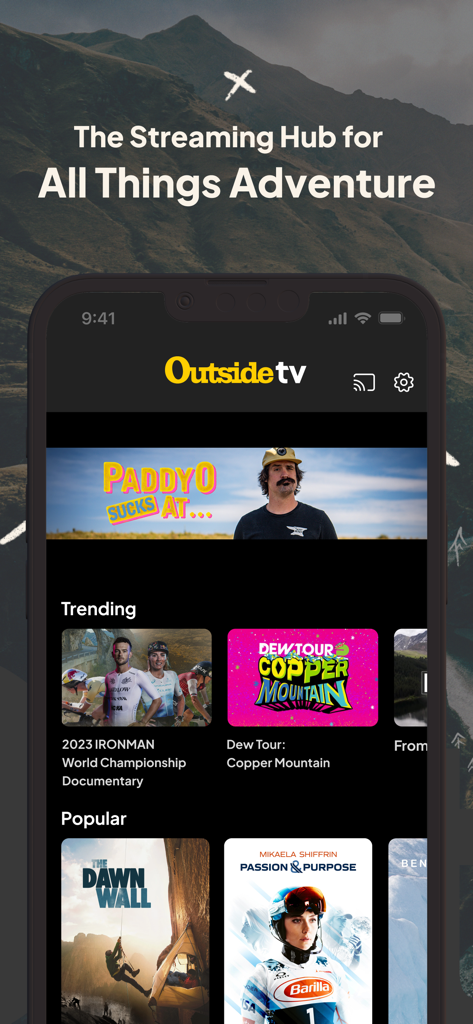Outside TV mobile app interface showing trending adventure sports documentaries and popular films