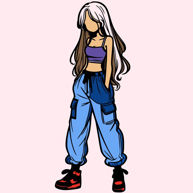 girl in baggy pants crop top and long hair