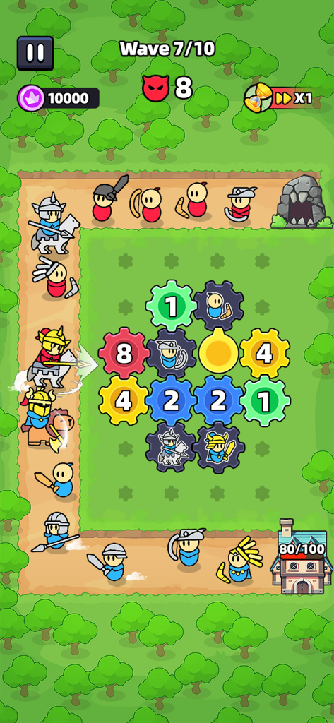Fortress of Gears - A gameplay screenshot of Fortress of Gears showing medieval units defending a path with a central gear summoning mechanic in a forest setting.