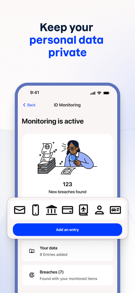 Tela de Monitoramento de Identidade F-Secure exibindo proteção ativa contra violação de dados e alertas