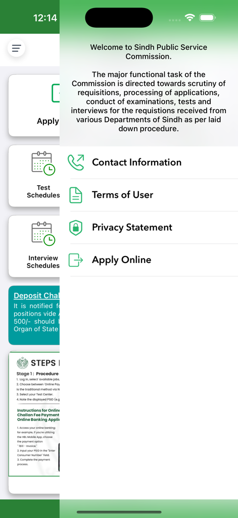 SPSC mobile app interface showing the main menu overlay with options for contact information, terms of use, privacy statement, and online application.