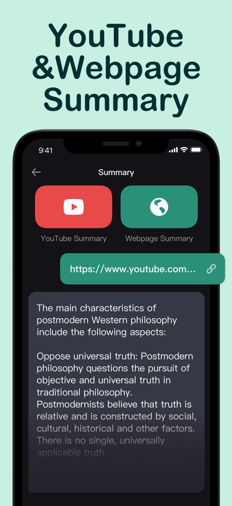 Un écran de smartphone affichant la fonction de résumé de YouTube et de page Web de l'application Gam.AI
