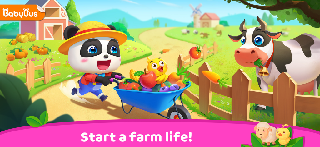 Little Panda pushing a wheelbarrow of fresh vegetables on a farm
