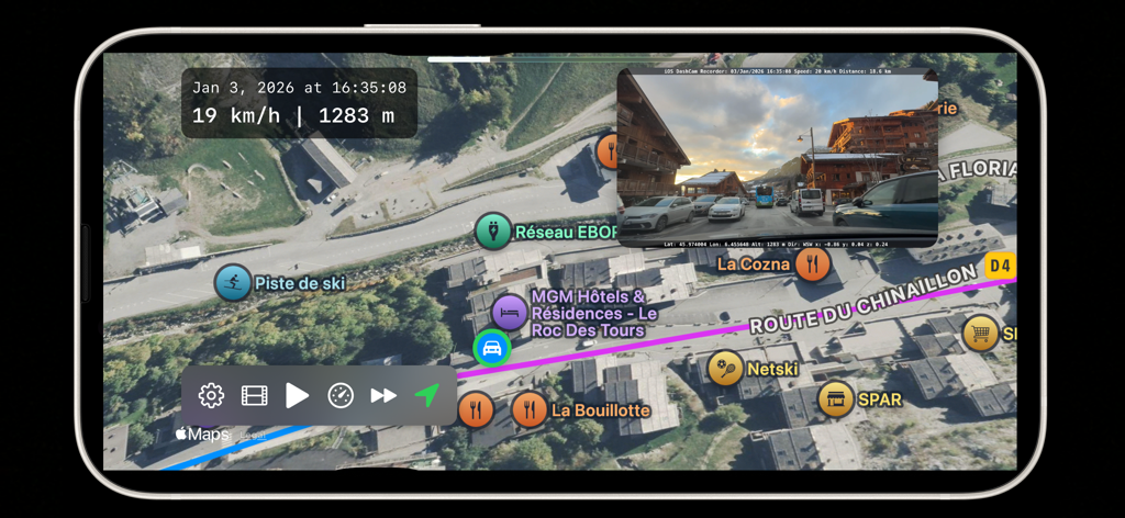 DashCam Recorder app displaying a recorded drive on a satellite map with speed and altitude metadata