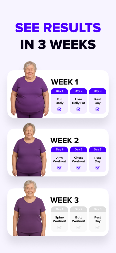 Tai Chi Walking & Chair Yoga - Um plano de exercícios de yoga na cadeira e tai chi de 3 semanas para idosos, mostrando a progressão semanal e os tipos de treino diário