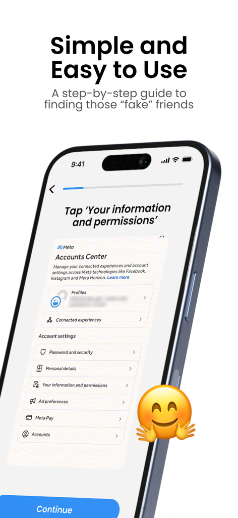A tutorial screen in the FollowBuddy app showing how to access Instagram account settings for safe data tracking