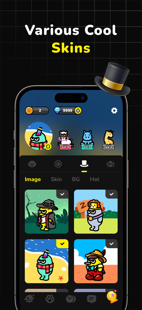 A mobile screen showing various customizable character skins and outfits in the CastChat app