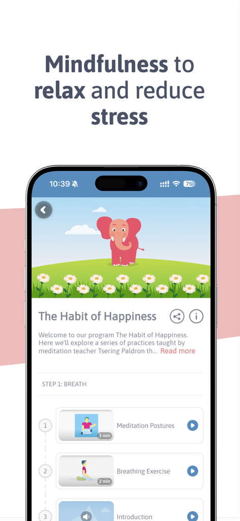 Interface do app Lojong mostrando o programa de meditação O Hábito da Felicidade com uma ilustração fofa de elefante rosa e exercícios de respiração guiada.