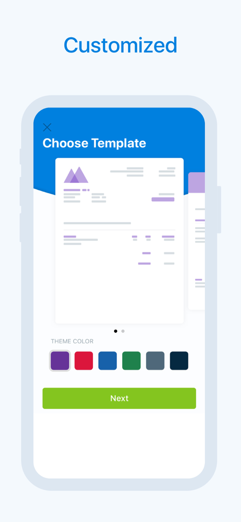 Invoice Creator by FreshBooks - Mobile interface of the FreshBooks Invoice Creator app showing template selection and color customization options