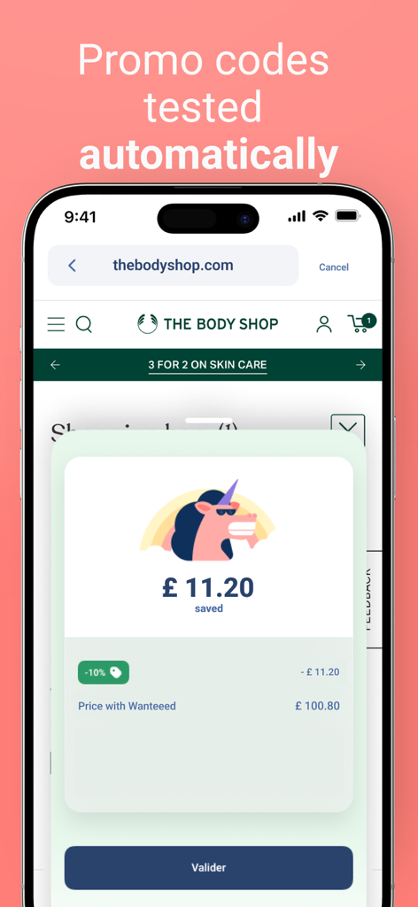 Wanteeed | Cashback & Coupons - Interface de l'application Wanteeed montrant une réduction appliquée automatiquement à un panier d'achat sur un écran d'iPhone