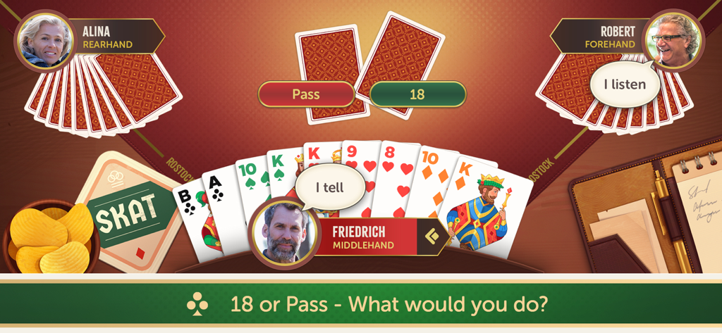 Skat Treff: Werde Skat Meister - 실제 아바타를 가진 세 명의 플레이어 간의 입찰 단계를 보여주는 Skat Treff 게임 플레이 인터페이스