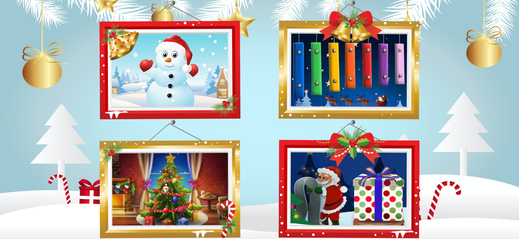 Main menu of Toddler Sing and Play Christmas app featuring four holiday mini-games