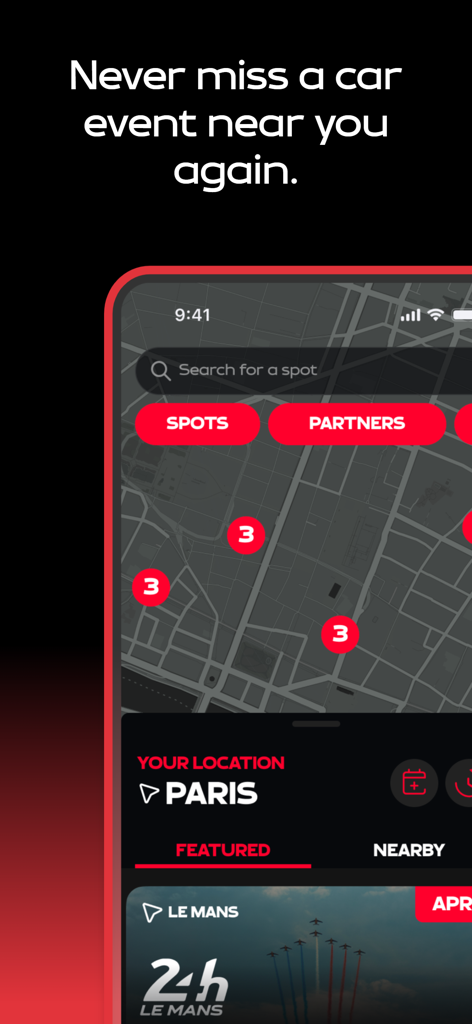 The Club (Carspotting app) - Mobile app screen showing a map with car spotting locations and a featured event for the 24h of Le Mans in Paris.