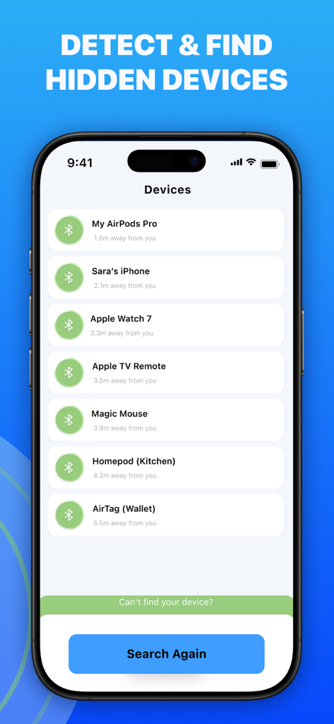 Find My Lost: Device Finder - A mobile app interface showing a list of nearby Bluetooth devices like AirPods and Apple Watch with their distances.