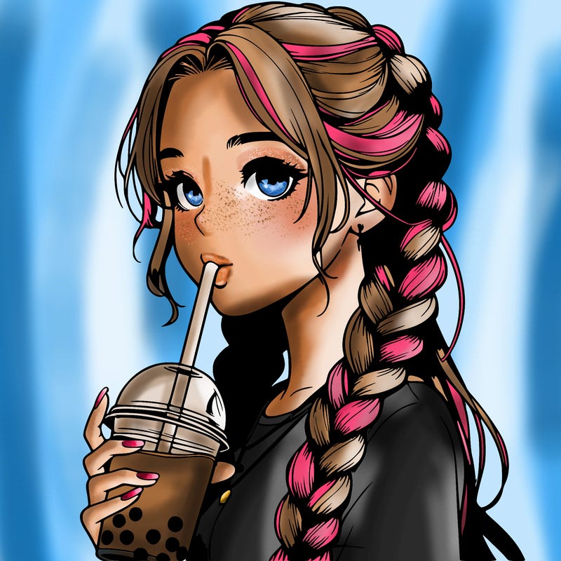 realistic girl with braided hair drinking boba