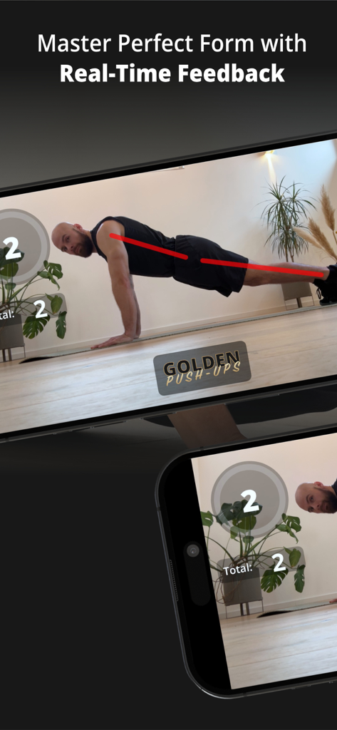 GOLDEN Push Up Pushup Tracker - Una persona haciendo una flexión mientras una aplicación de iPhone proporciona estimación de poses con IA en tiempo real y retroalimentación para corregir la forma.