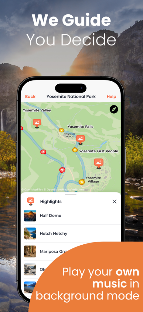 Yosemite GyPSy Guide Tour - Smartphone screen displaying the Yosemite GyPSy Guide app map with scenic highlights and points of interest