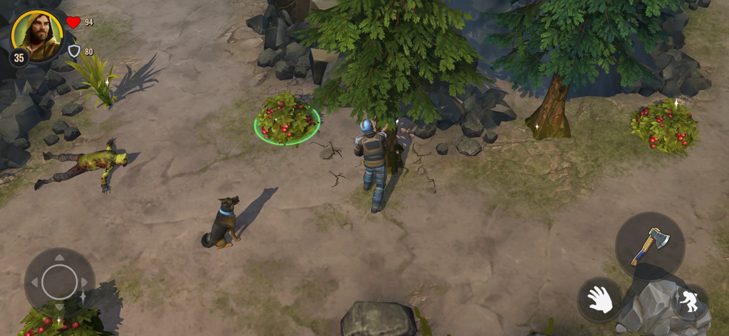 Days After: Zombie Survival - Character chopping down a tree with an axe while accompanied by a dog in a post-apocalyptic forest