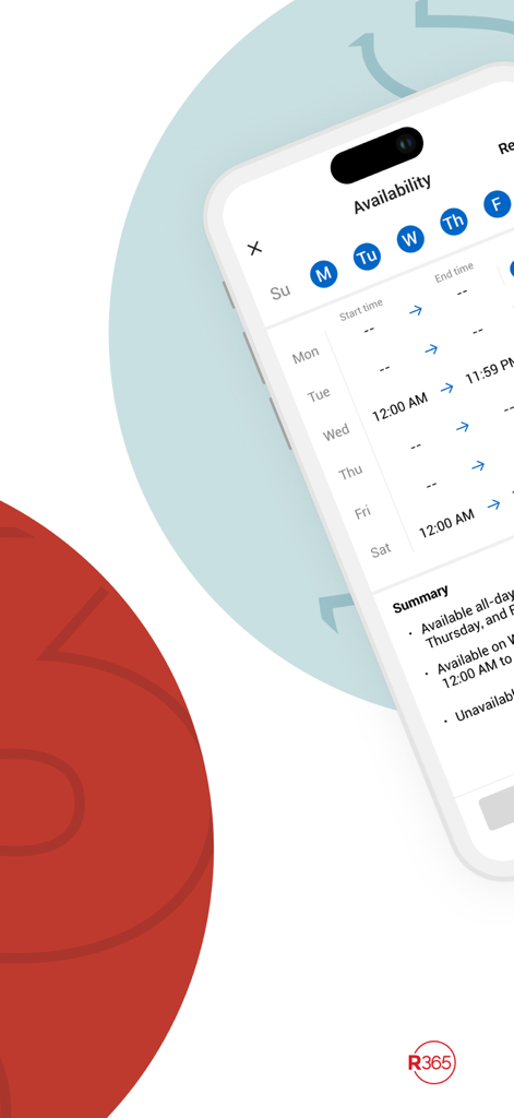Restaurant365 - Restaurant365 app interface showing employee availability and weekly work schedule settings