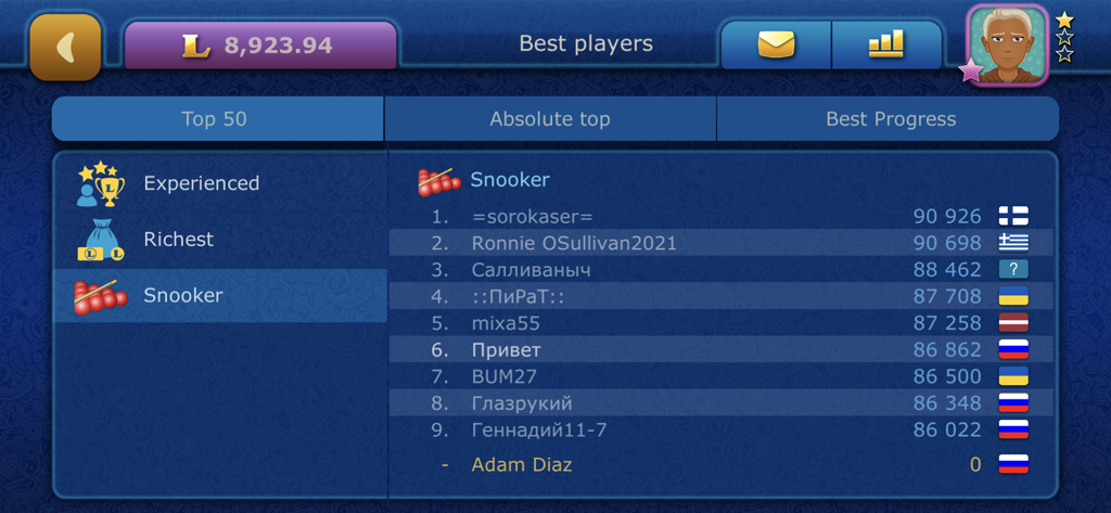 Online Snooker LiveGames - Pantalla de clasificación mostrando los rankings y puntuaciones de los mejores jugadores en Snooker Online LiveGames