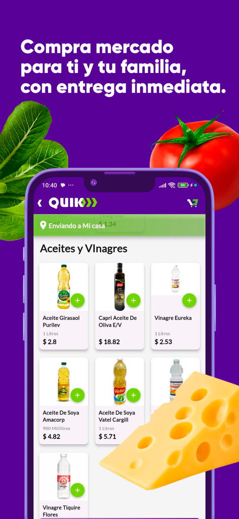 QUIK: Pago y Delivery - Una pantalla de aplicación móvil para QUIK mostrando un catálogo de aceites y vinagres con precios en USD para entrega.