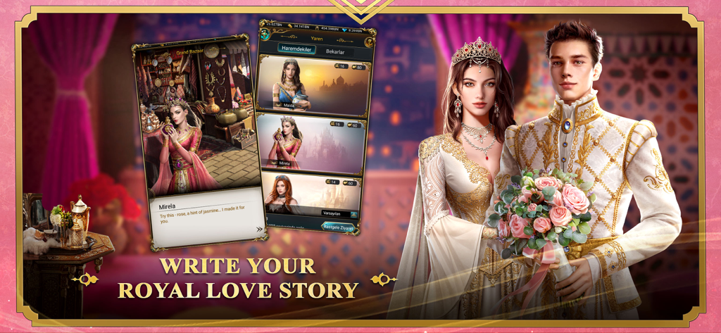 Game of Sultans - A royal couple in ornate Ottoman clothing with text saying write your royal love story