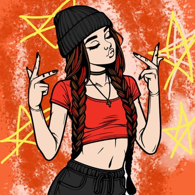 realistic teenage girl with braids and a beanie and crop top doing 🫶🏼