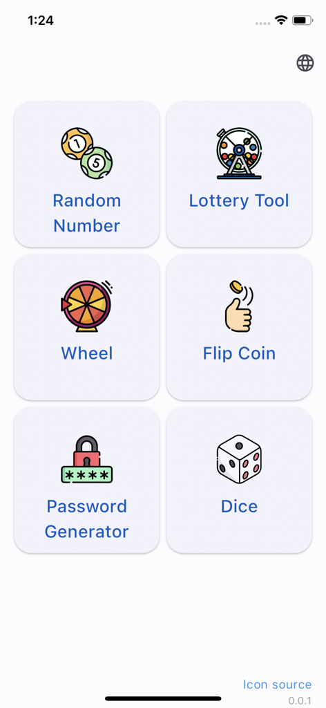 Main menu of the Draw Lots Tool app featuring random number, lottery, spinner, coin flip, password generator, and dice icons.
