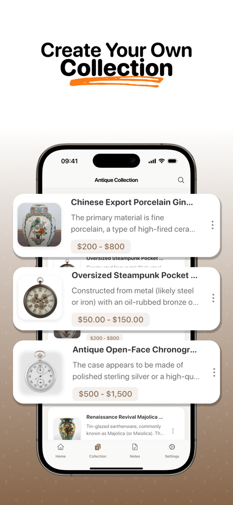 Antique Identifier - Relic AI - Antique Identifier app showing a personalized collection of vintage items including porcelain and pocket watches with price estimates