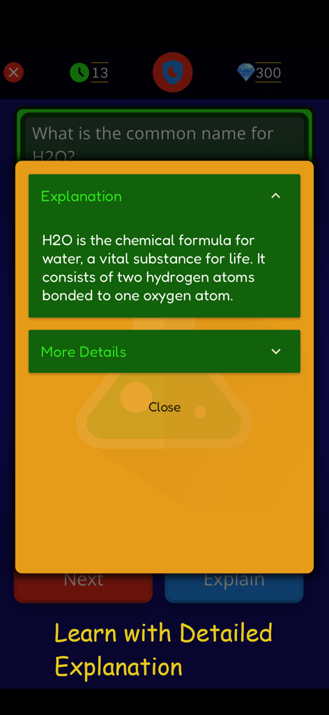 Quizia: General Knowledge Quiz - Una ventana emergente de explicación detallada en la aplicación Quizia explicando la fórmula química del H2O.