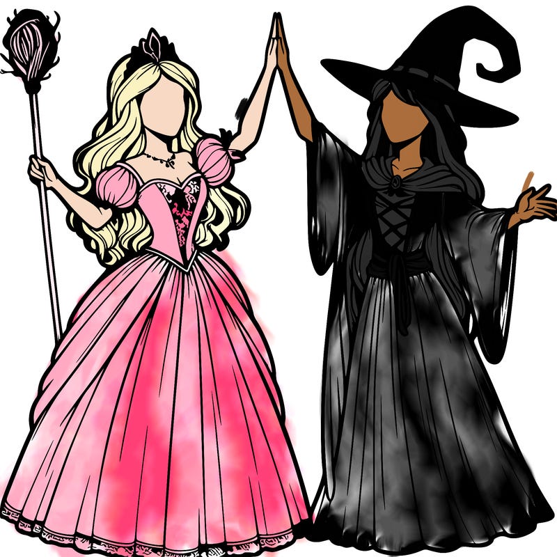 detailed realistic split of a princess and a witch