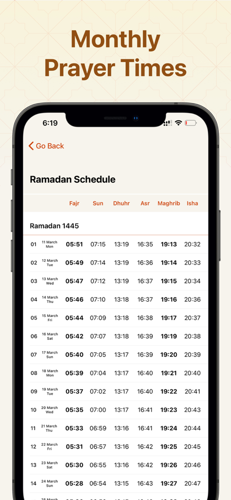 Iftar: Countdown Ramadan Table - Monthly prayer schedule for Ramadan showing daily prayer times in a table format