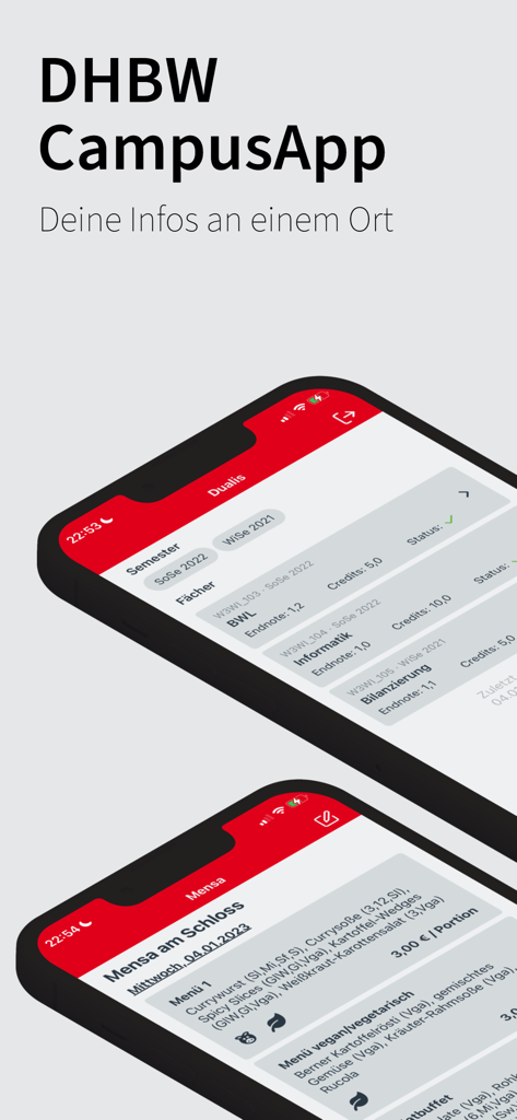 Interfaz de la aplicación móvil DHBW CampusApp mostrando calificaciones de estudiantes y menús de cafetería