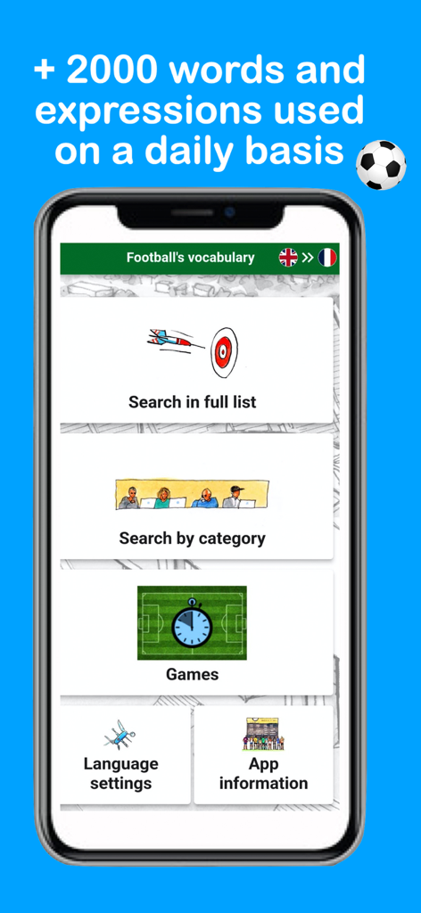 KickOff United - サッカー語彙検索とゲームオプションが特徴のKickOff Unitedアプリのメインメニュー。